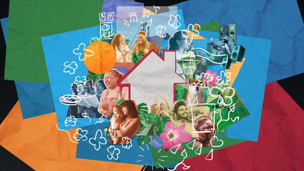 Images of people from the Social Care Future animation - on a multicoloured background. People are gardening, dancing, reading, cooking, singing, playing music