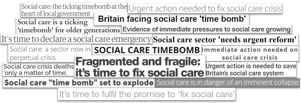 Image of different news headlines about social care crises