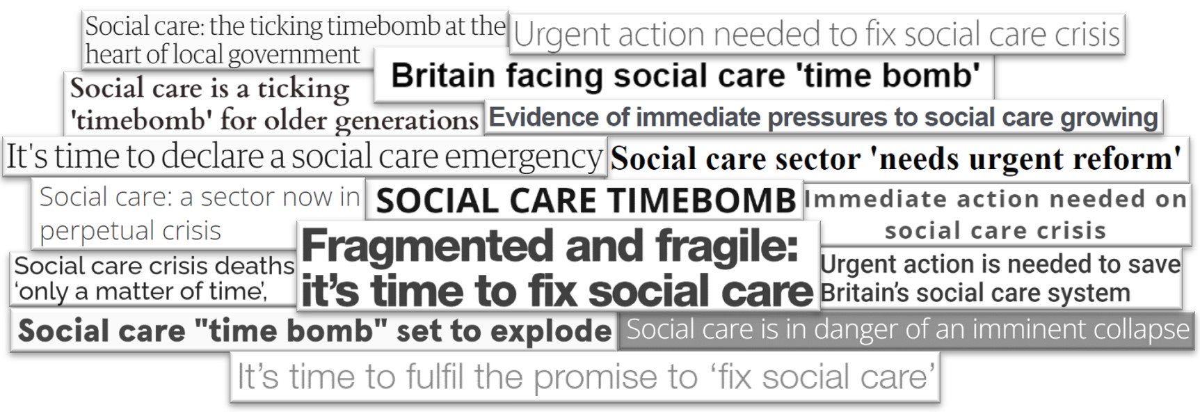header-time-for-change Image of different news headlines about social care crises